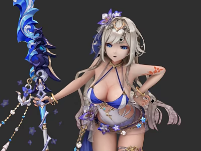 Game Anime Character With Silver Long Hair Purple Flower Accessories And Blue White Outfit 3d model