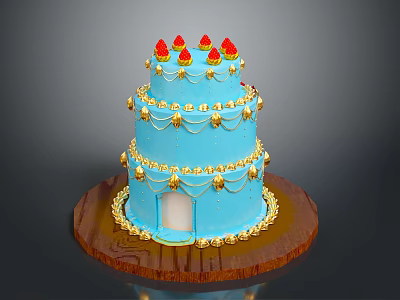 Two Tier Blue Cake with Strawberry and Gold Decorations on Wooden Base 3d model