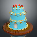 Two Tier Blue Cake with Strawberry and Gold Decorations on Wooden Base