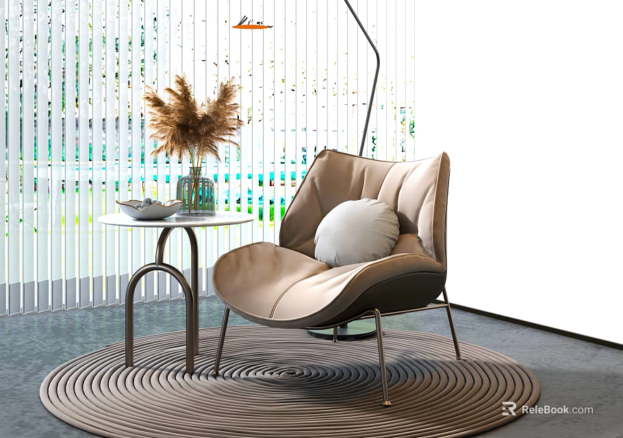 Modern Stylish Lounge Chair With Soft Cushion Round Side Table Pampas Grass Woven Rug And Window Background 3d model 
