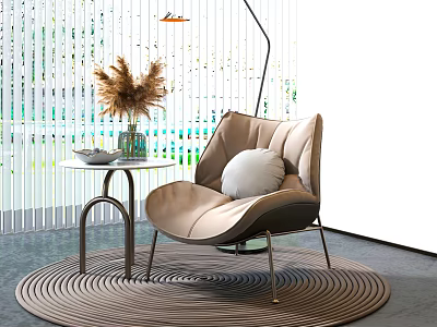 Modern Stylish Lounge Chair With Soft Cushion Round Side Table Pampas Grass Woven Rug And Window Background 3d model