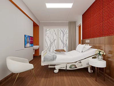 Modern Hospital Patient Room With Bed White Chair Wooden Floor And Red Wall Decor 3d model