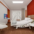 Modern Hospital Patient Room With Bed White Chair Wooden Floor And Red Wall Decor