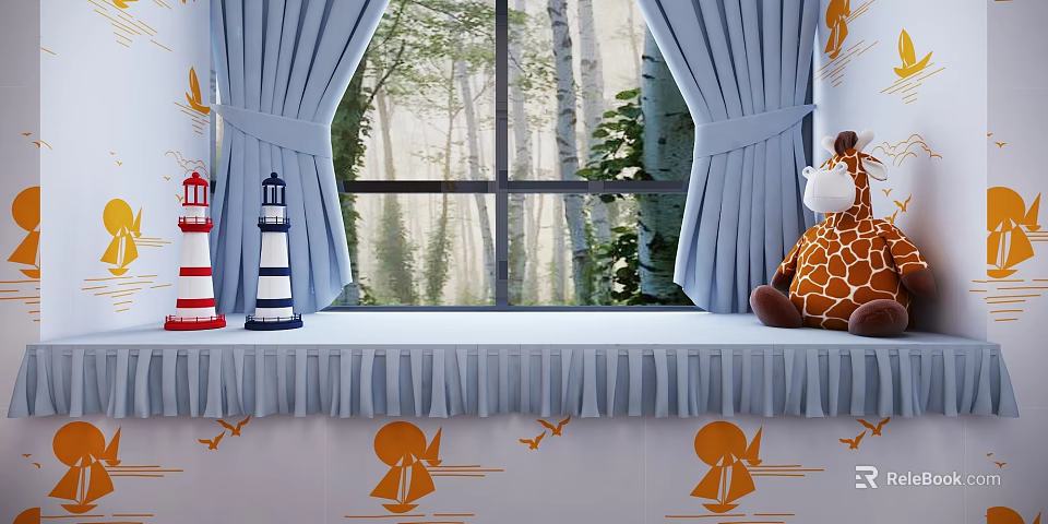 Blue Curtains Window With Trees Outside Lighthouse Models Giraffe Plush Toy Orange Sailboat Airplane Patterns 3d model 