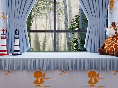 Blue Curtains Window With Trees Outside Lighthouse Models Giraffe Plush Toy Orange Sailboat Airplane Patterns 3d model