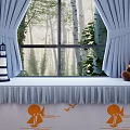 Blue Curtains Window With Trees Outside Lighthouse Models Giraffe Plush Toy Orange Sailboat Airplane Patterns