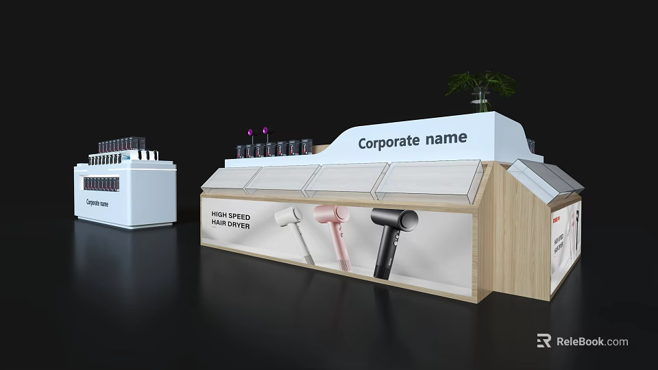 Modern Corporate Name Display Shelves With Hair Pro Products And Hair Dryers 3d model 