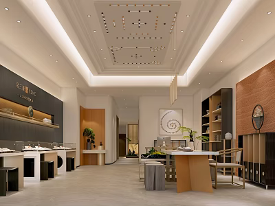 Modern Teahouse Interior With Display Shelves And Furniture 3d model