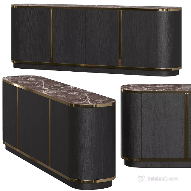 Elegant Modern Console Sideboard Cabinet With Marble Top And Gold Metal Trim 3d model 