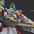 Game Movie Character Mecha Robot With Red White Blue Yellow Armor And Green Laser Weapon