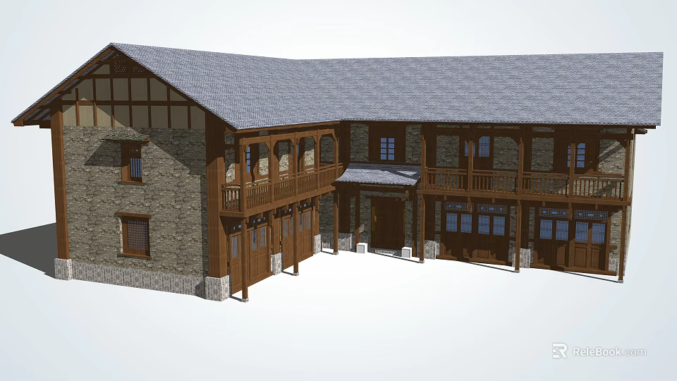 Traditional Bed and Breakfast Building With Stone Wood Structure Gray Roof and Balconies 3d model 