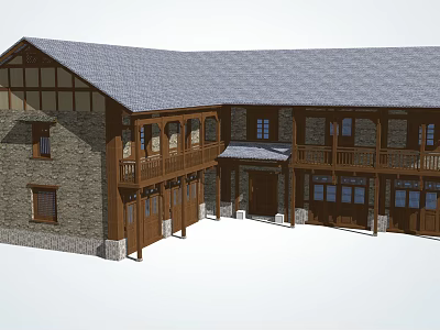 Traditional Bed and Breakfast Building With Stone Wood Structure Gray Roof and Balconies 3d model