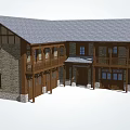 Traditional Bed and Breakfast Building With Stone Wood Structure Gray Roof and Balconies