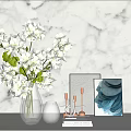 Modern Minimalist Ornamental Set with White Flower Bouquet Clear Vase Picture Frames and Blue Art