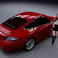 Red Sports Car With Stylish Woman Standing Beside In Modern Studio