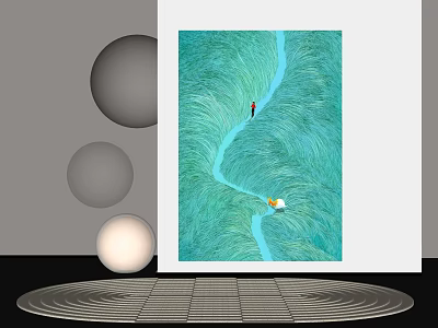 Abstract Painting Featuring Green Grass Blue Path Red Figure Yellow Object Gray White Spheres 3d model