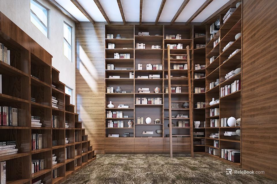 Book Art Interior Design Featuring Wooden Bookshelves Decorative Artworks And Natural Light 3d model 