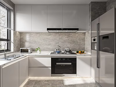 Modern Kitchen With White Cabinets Gray Marble Backsplash Stainless Steel Appliances And Natural Light 3d model