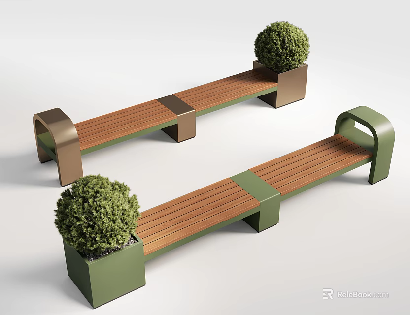 Outdoor Bench With Wooden Seat Metal Frame And Green Decorative Bushes 3d model 