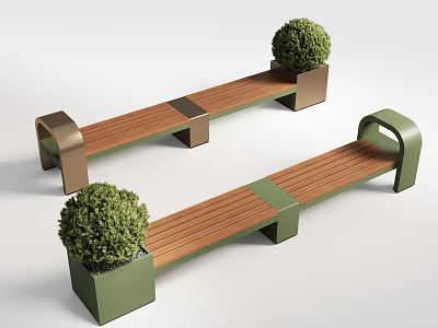 Outdoor Bench With Wooden Seat Metal Frame And Green Decorative Bushes 3d model