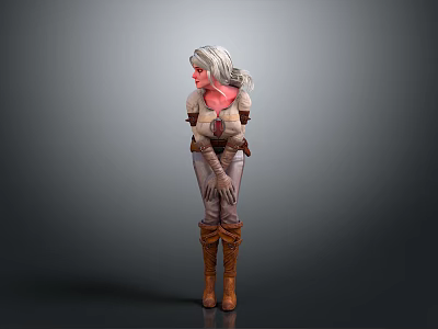 Woman with White Hair Wearing Strappy Outfit Brown Boots and Hands Crossed Against Gray Background 3d model