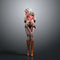 Woman with White Hair Wearing Strappy Outfit Brown Boots and Hands Crossed Against Gray Background