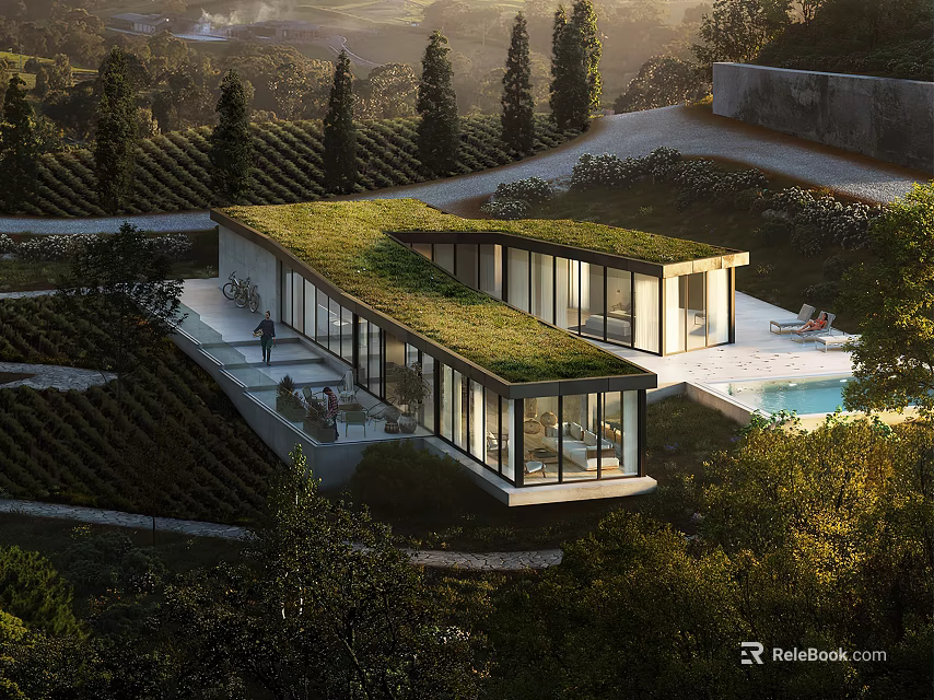 Modern Detached Villa With Green Roof Glass Windows And Pool In Natural Surroundings 3d model 