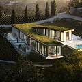 Modern Detached Villa With Green Roof Glass Windows And Pool In Natural Surroundings