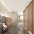 Modern Public Restroom With Wooden Partitions Urinals And Marble Elements