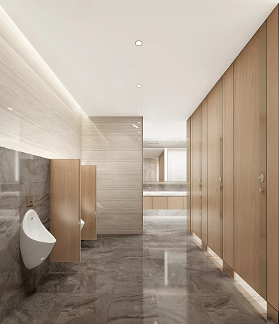 Modern Public Restroom With Wooden Partitions Urinals And Marble Elements 3d model
