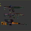 3D Rendered Pixel Style Weapons Three Different Types With Black Gray Orange On Gray Background