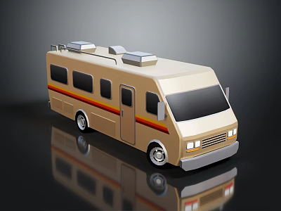 Cartoon Style Beige Camper Van With Red Yellow Stripes And Roof Equipment 3d model
