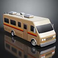Cartoon Style Beige Camper Van With Red Yellow Stripes And Roof Equipment