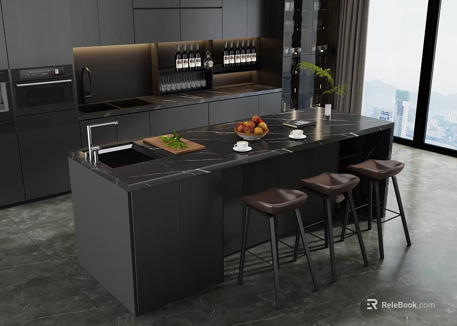 Modern Black Bar Counter with Marble Top Fruits Cups Brown Stools Large Window City View 3d model 