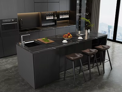 Modern Black Bar Counter with Marble Top Fruits Cups Brown Stools Large Window City View 3d model