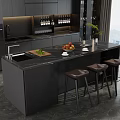 Modern Black Bar Counter with Marble Top Fruits Cups Brown Stools Large Window City View