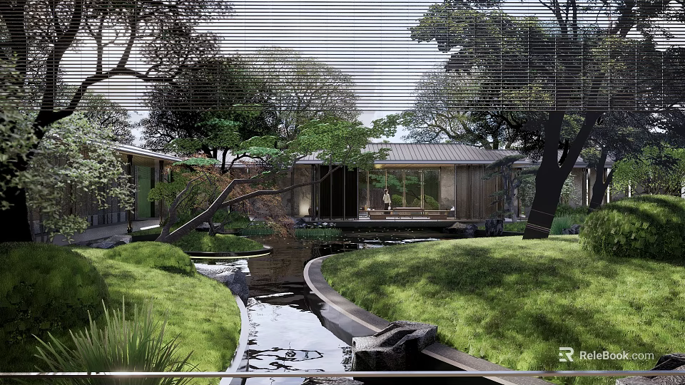 Serene Garden Landscape With Flowing Stream Lush Greenery And Modern Pavilion 3d model 