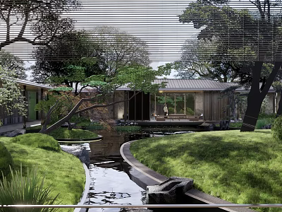 Serene Garden Landscape With Flowing Stream Lush Greenery And Modern Pavilion 3d model