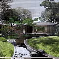 Serene Garden Landscape With Flowing Stream Lush Greenery And Modern Pavilion