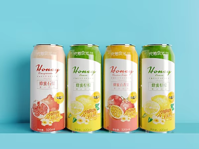 Honey Canned Beverages With Grapefruit Lemon Passion Fruit Flavors Various Colors On Light Blue Background 3d model