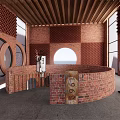 Rustic Red Brick Interior Space With Circular Archways Wooden Ceiling And Round Windows 3d model