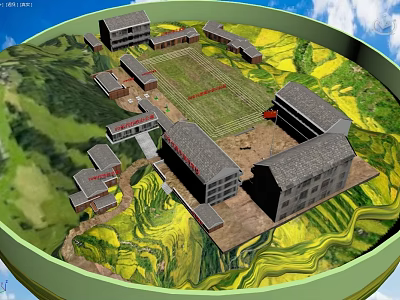 School Buildings Complex With Central Playground And Red Flag In Green Mountainous Fields 3d model