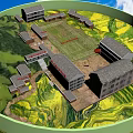 School Buildings Complex With Central Playground And Red Flag In Green Mountainous Fields