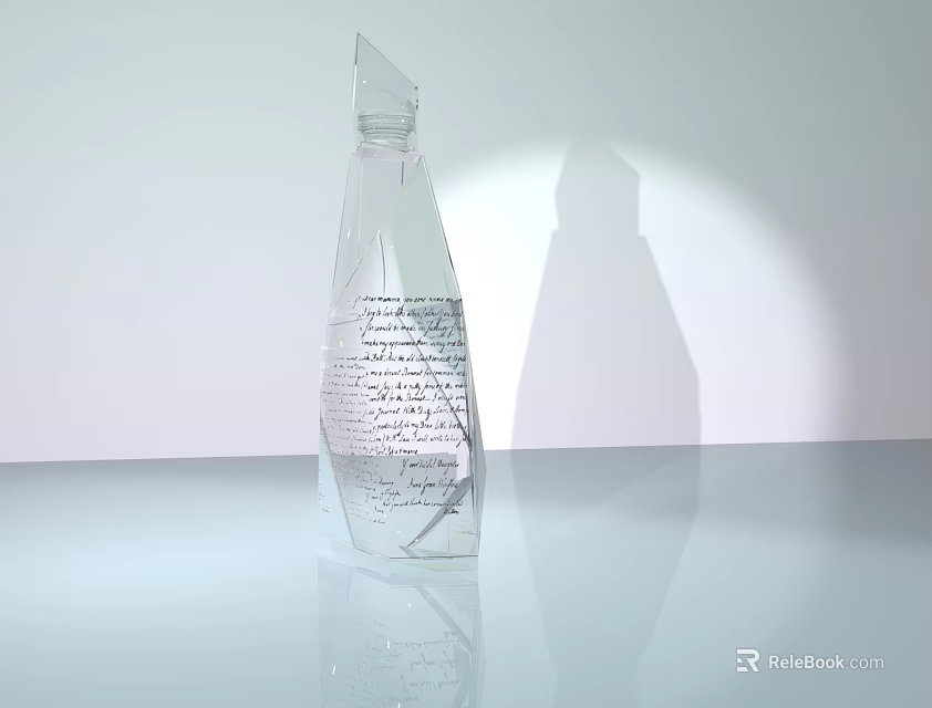 Transparent Bottle Shaped Ceramic Vessel With Text On Surface And Shadow On Smooth Surface 3d model 