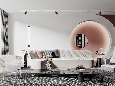 Modern Light Colored Sofa Coffee Table Set With Decorative Pillows Geometric Rug And Round Mirror 3d model