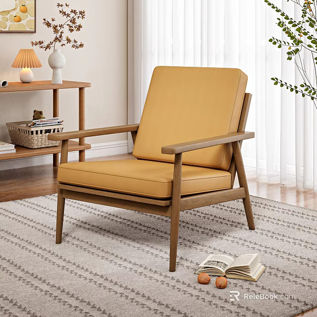 Yellow Upholstered Leisure Chair With Natural Wooden Frame In Warm Living Room 3d model 