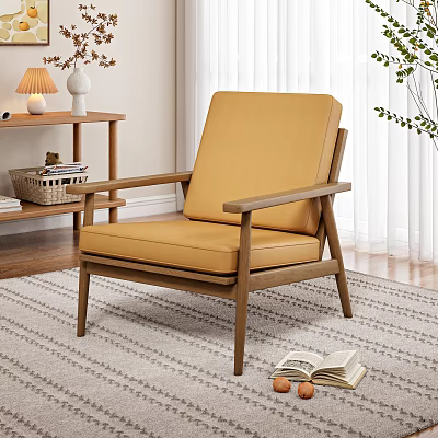 Yellow Upholstered Leisure Chair With Natural Wooden Frame In Warm Living Room 3d model