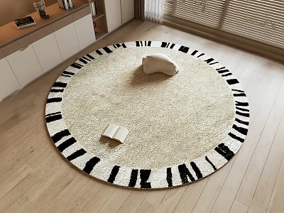 Round Carpet with Beige Center Black Stripes White Cushion Open Book on Wooden Floor 3d model