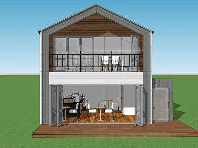 Two Story Wooden Homestay Building With Balcony Outdoor Seating And Open Design 3d model