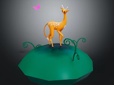 Cute Orange Fawn Standing On Green Round Platform With Curly Green Plants And Pink Butterfly 3d model